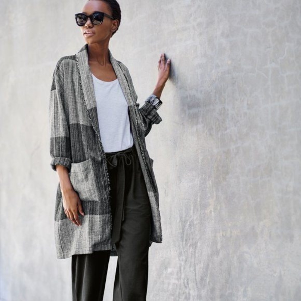 Eileen Fisher $258 Women's S/M Organic Cotton Hazy Blocks Shawl Cardigan Jacket